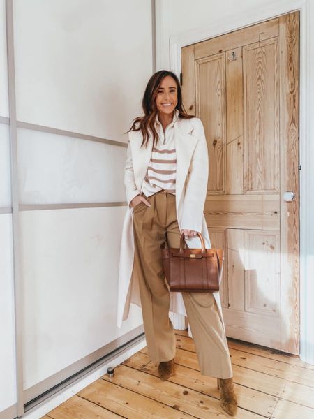 trousers - run small sweater runs tts, oversized fit booties - old so sizes are limited, go up half size coat - tts wide leg trousers, thanksgiving outfit, striped sweater, cashmere coat, white coat



#LTKitbag #LTKshoecrush #LTKSeasonal