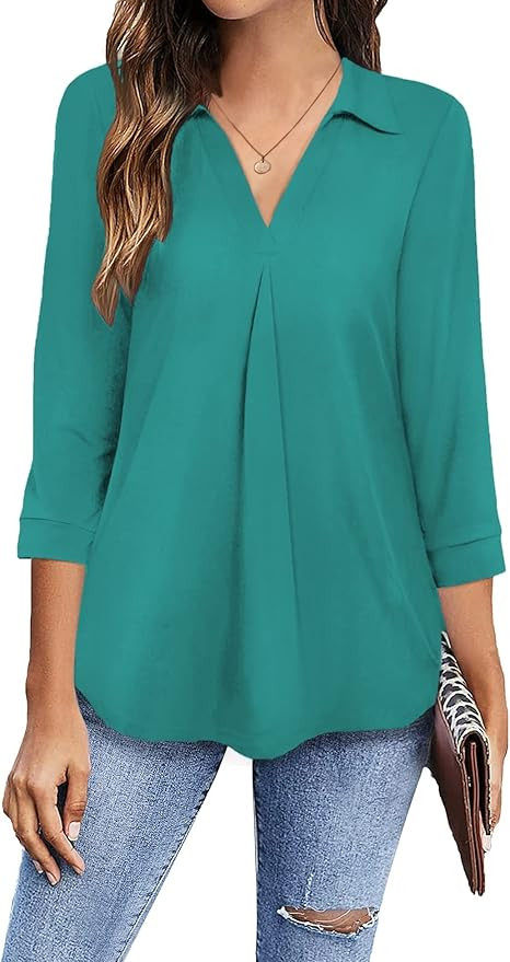 Newchoice Womens Collared V Neck 3/4 Sleeve Shirts Business Casual Tops Loose Work Blouses (M-3XL... | Amazon (US)