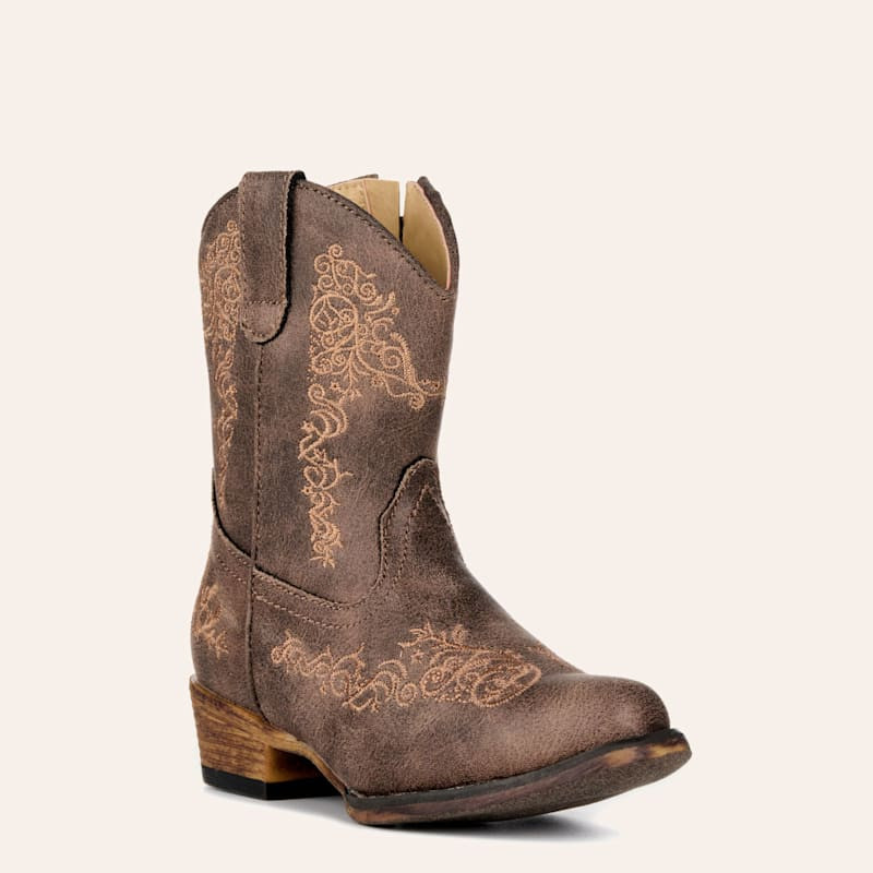 Roper Toddler Girls' Riley Scroll Vintage Brown Faux Leather Snip Toe Cowboy Boots | Cavender's