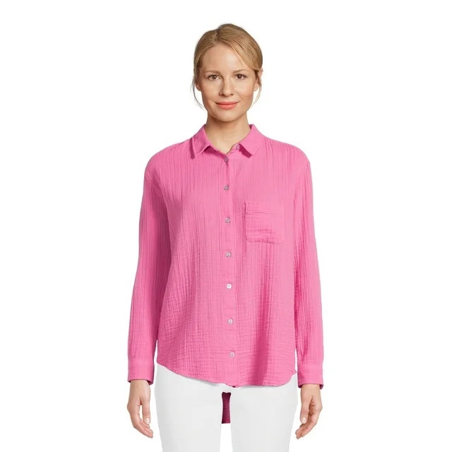 Time and Tru Women’s Double Cloth Shirt with Long Sleeves, Sizes XS-XXXL | Walmart (US)
