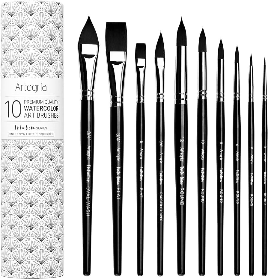 ARTEGRIA Watercolor Brush Set, 10 Professional Soft Synthetic Squirrel Paint Brushes, Including P... | Amazon (US)