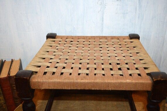 Antique English Barley Twist Wood Foot Stool Woven Rope Twine Top Footstool | Etsy (US)