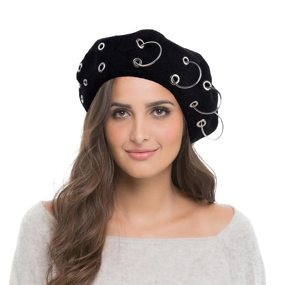 French Beret Hats Punk Iron Ring Beret for Women Fashionable Black | Amazon (US)