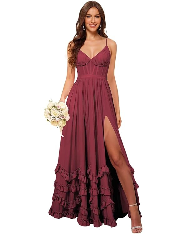 Women's V Neck Chiffon Bridesmaid Dresses Long Ruffle Maxi Formal Evening Dress VS220 | Amazon (US)