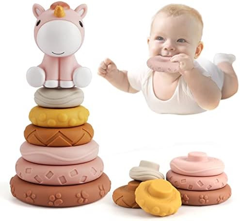 Nueplay 7 Pcs Stacking & Nesting Baby Toys, Squeeze Teething Baby Toys and Building Circle with P... | Amazon (US)