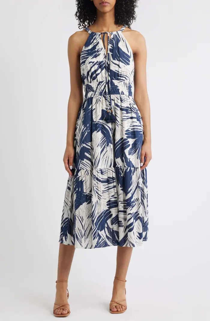Leaf Print Cotton Halter Neck Midi Dress | Nordstrom Rack