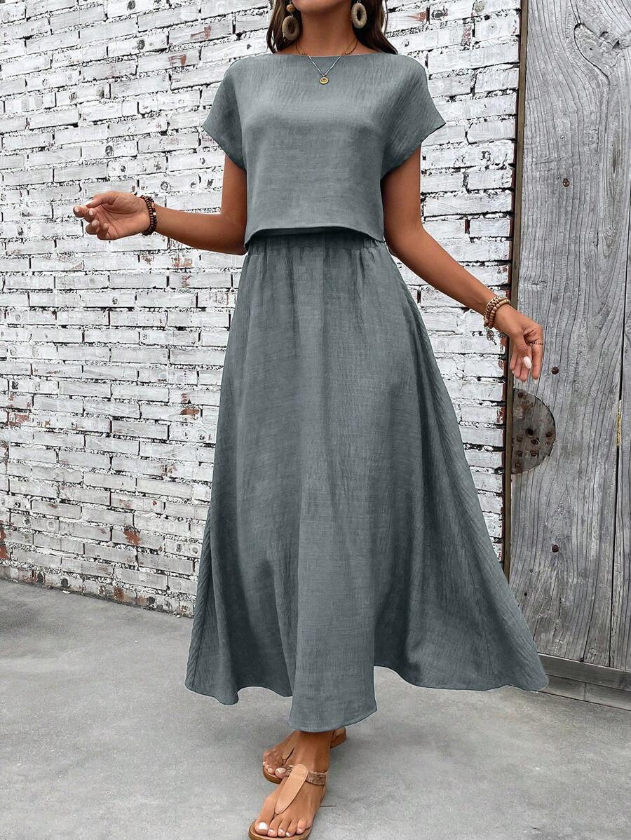 SHEIN LUNE 2pcs Women Solid Color Batwing Sleeve Top And A-Line Skirt Casual Set | SHEIN