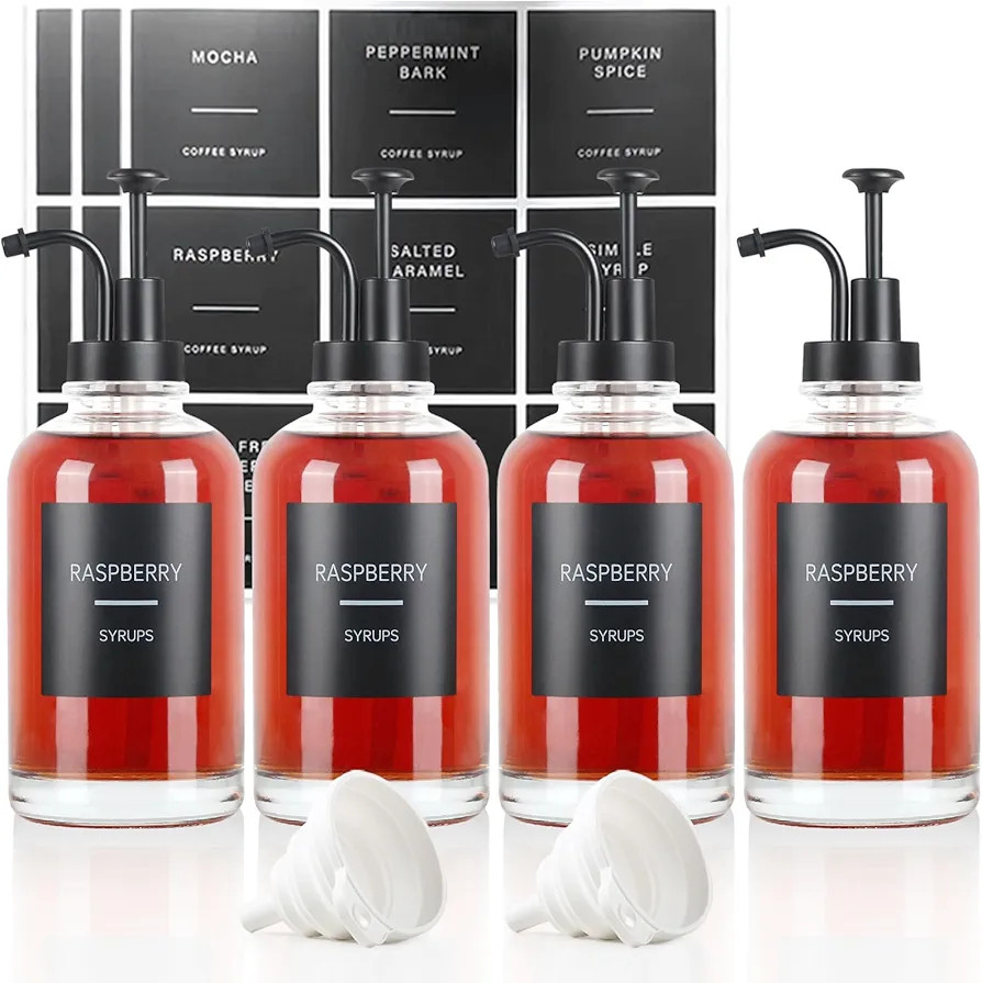 4PCS Coffee Syrup Dispenser, Glass Syrup Dispenser for Coffee Bar w. Labels and Pump, 16.9 oz 500... | Amazon (US)