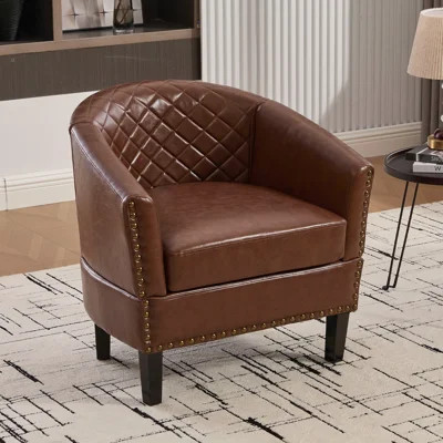 Faux Leather Accent Chairs,modern Barrel Club Chair For Living Room,arm Chair With Nailhead Trim And Diamond Grid Backrest | Wayfair North America