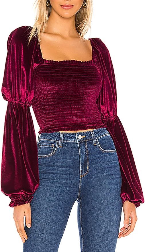 R.Vivimos Women's Fall Long Puff Sleeves Velvet Stretchy Ruched Crop Tops Blouses | Amazon (US)