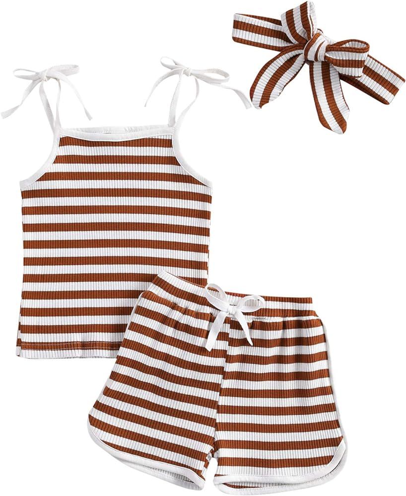 Toddler Baby Girl Summer Clothes Stripe Tank Top + Cotton Shorts Headband 3Pcs Knit Ribbed Outfit... | Amazon (US)