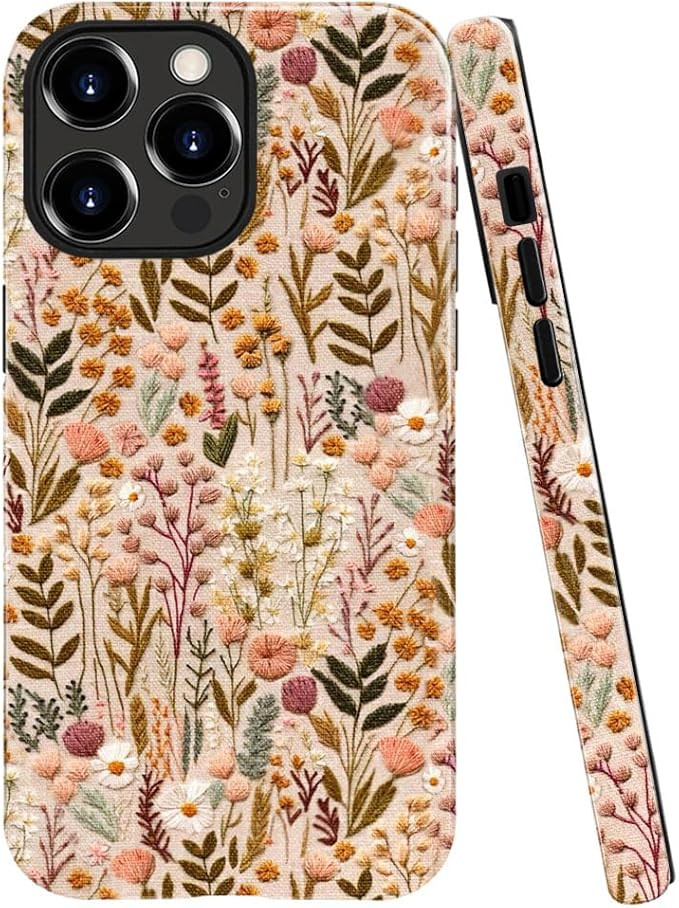 Compatible with iPhone 15 Pro,Anti-Scratch Glossy Case Cover,Boho Romantic Embroidery Flower | Amazon (US)