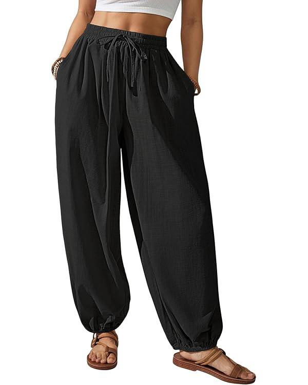 Bsubseach Womens Cotton Harem Pants Elastic Waist Baggy Pant Drawstring Balloon Trouser Loose Bea... | Amazon (CA)