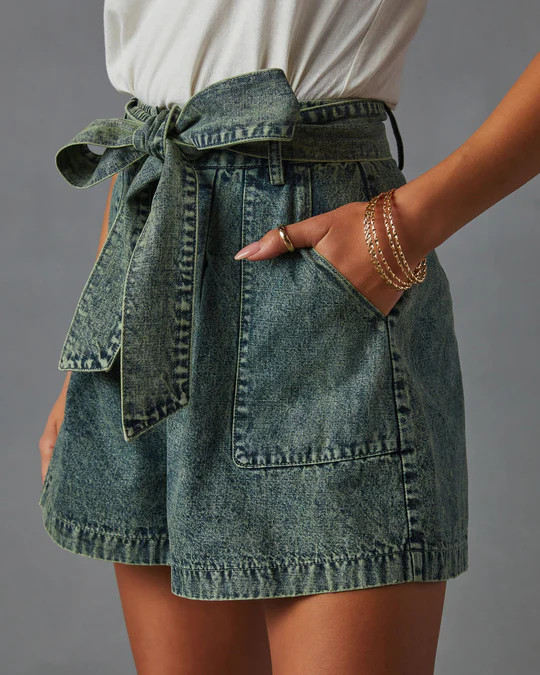 Milena Tie Waist Pocketed Acid Wash Shorts | VICI