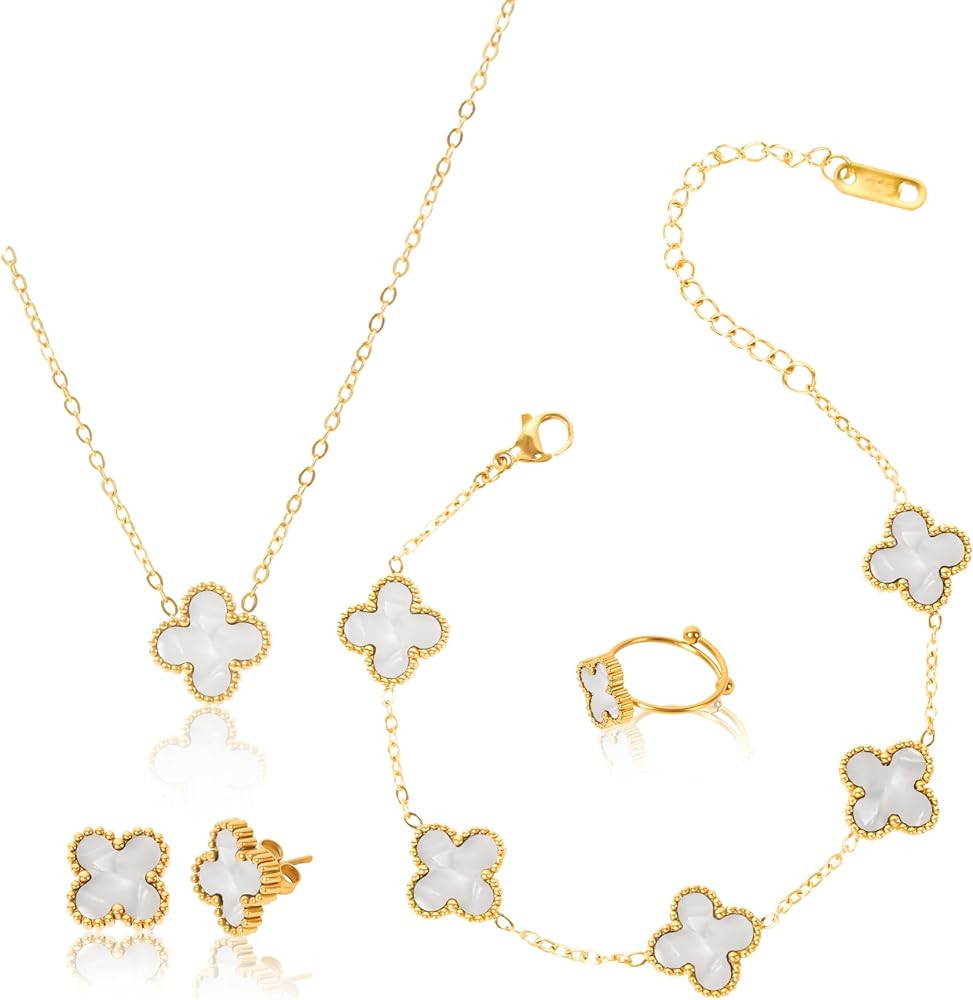4 PCS Clover Bracelets Set, 18K Real Gold Plated Trendy Lucky Four Leaf Bracelet, Necklace, Earri... | Amazon (US)