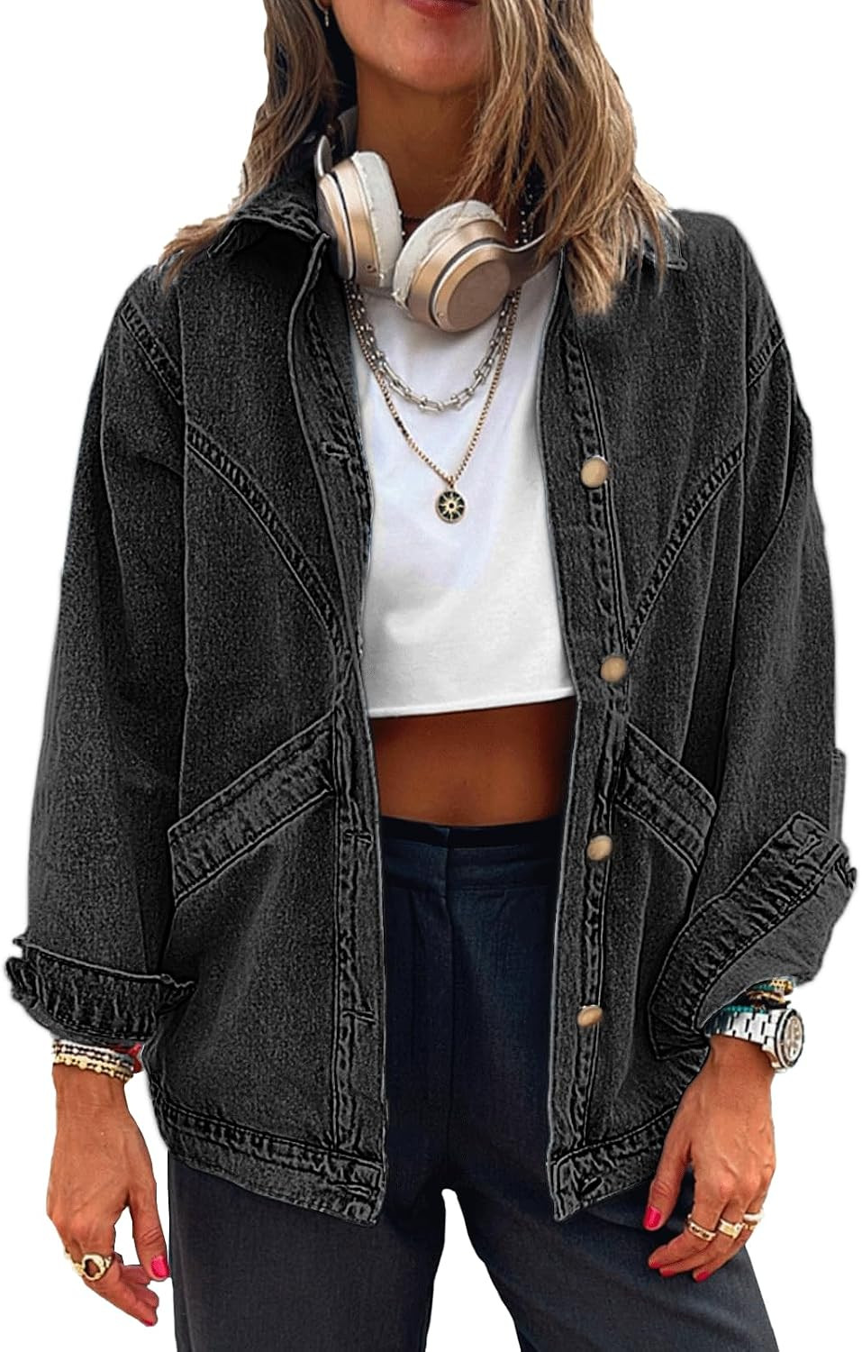 Women's Casual Oversized Button Up Denim Jackets Shacket Long Sleeve Pockets Denim Jean Jacket with Huge Pockets | Amazon (US)