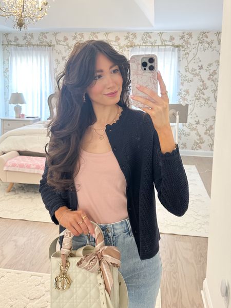 Spring outfit idea 🌸 love my scalloped Cardigan!! It’s 25% off with code D2D6 and I suggest sizing up one size!! I am wearing size small. 

#LTKfindsunder50 #LTKsalealert #LTKfindsunder100