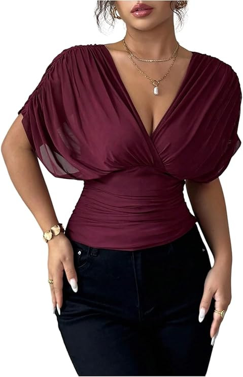 Milumia Women's Short Sleeve Ruched Mesh T Shirt Sexy V Neck Tie Back Cinched Waist Tops | Amazon (US)