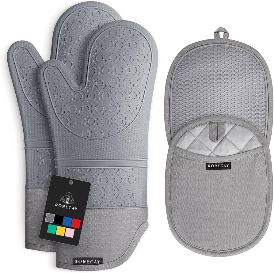 Rorecay Extra Long Oven Mitts and Pot Holders Sets: Heat Resistant Silicone Oven Mittens with Min... | Amazon (US)