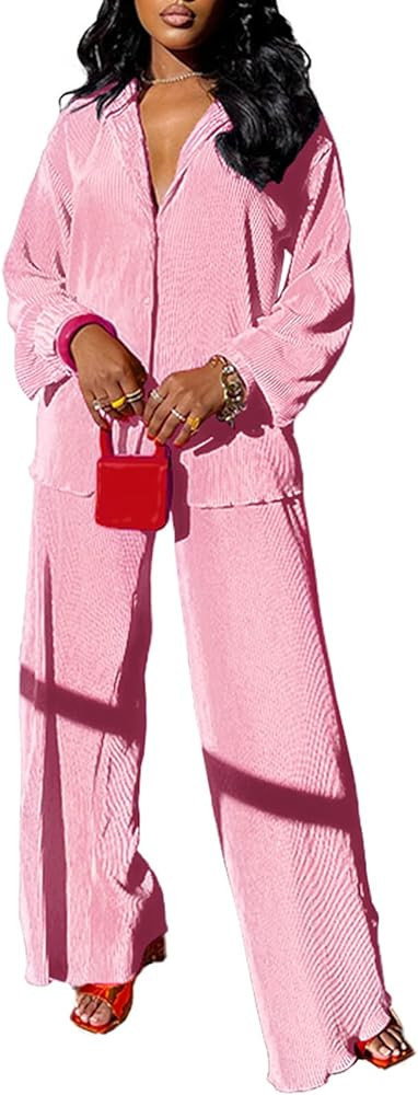 kaimimei Casual 2 Piece Outfit for Women - Linen Long Sleeve Button Down Shirt + Flare Pleated Wi... | Amazon (US)