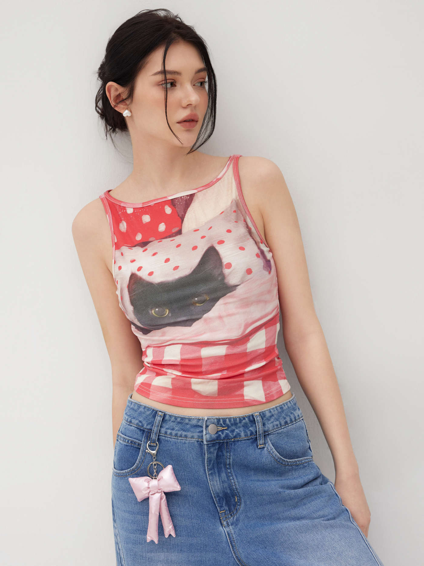 Cotton-blend Cat Graphic Gingham Ruched Tank Top | Cider
