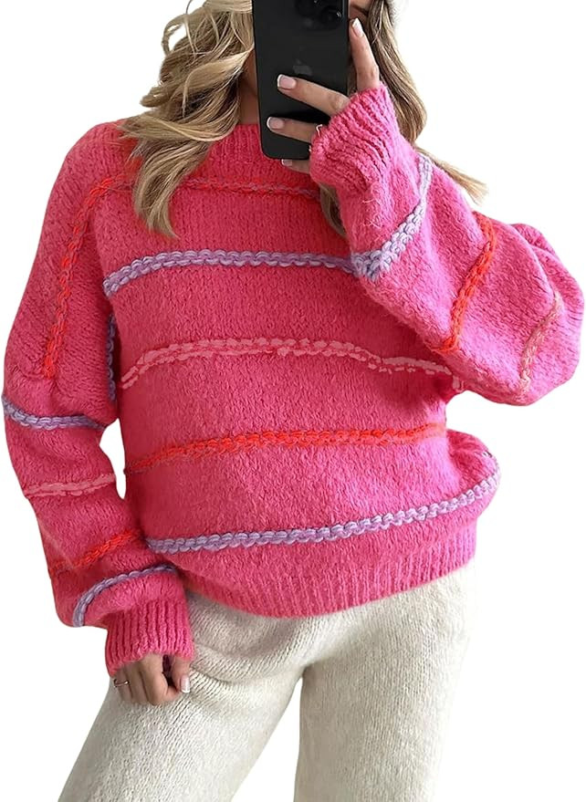 QIBABU Womens Striped Sweaters Casual Lantern Sleeve Color Block Knit Pullover Sweater Tops | Amazon (US)