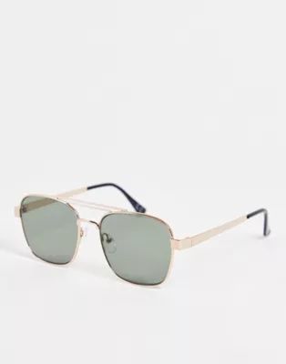 ASOS DESIGN 70s aviator sunglasses in gold recycled metal with retro lens and brow bar detail | ASOS (Global)