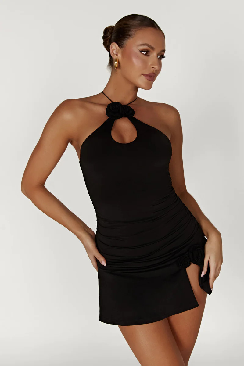 Adeline Rose Halter Mini Dress - Black | MESHKI US