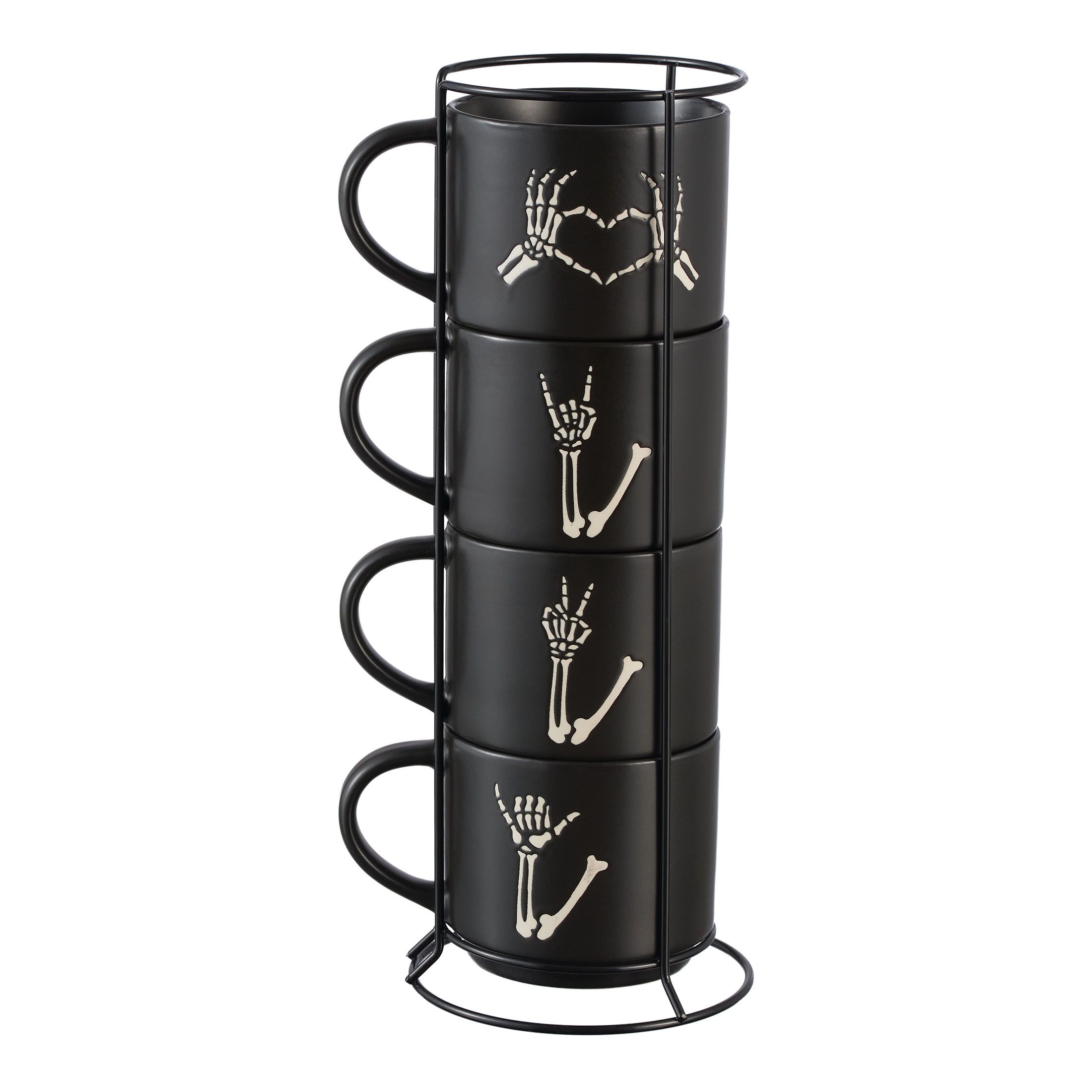 Halloween 12-Ounce Black Skeleton Hand Stoneware Stackable Mug Set with Iron Rack, by Way To Cele... | Walmart (US)