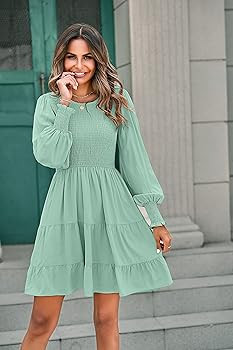 MEROKEETY Women's 2023 Casual Long Sleeve Smocked Crew Neck Elastic Waist Flowy Tiered Mini Dress | Amazon (US)