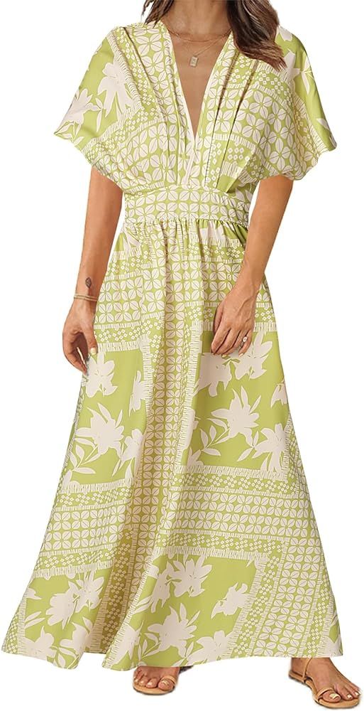 LYANER Women's Floral Boho Deep V Neck Batwing Short Sleeve High Waist Split Slit Shift Dress | Amazon (US)