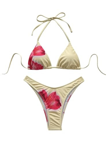 SOLY HUX Floral Print Bikini Sets for Women Halter Triangle High Cut Bathing Suit Two Piece Swimsuit Yellow Floral Large | Amazon (US)