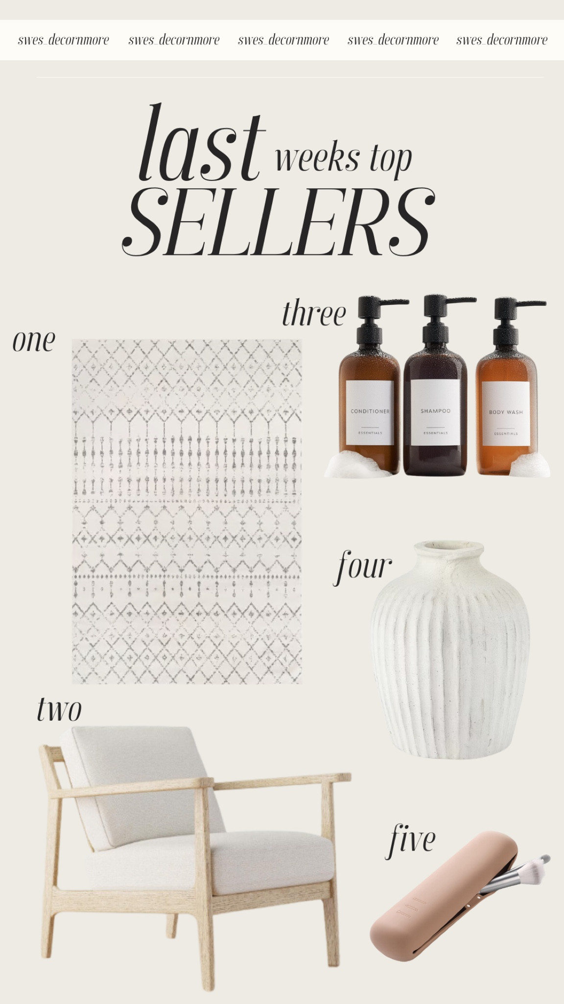Last weeks top sellers! This grey Moroccan Trellis rug is perfect for any neutral tone styled room, this chair is great for accent seating, and these bottles from Amazon are great for your bathroom product and look so much nicer than the original product bottles. I love this vintage vase for home decor. These magnetic travel case for makeup brushes from Amazon has a slim design and should fit in your travel bag! 

#LTKHome #LTKStyleTip #LTKBeauty