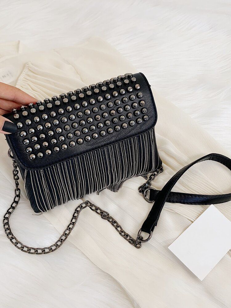 Studded & Fringe Decor Flap Square Bag | SHEIN