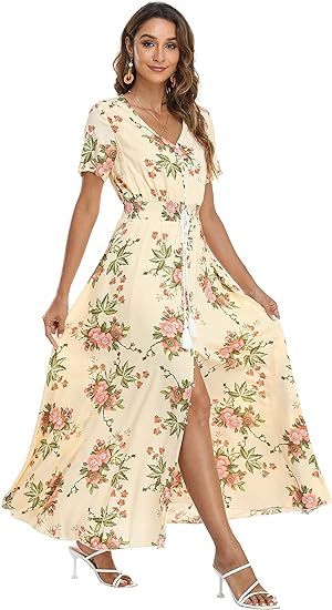 VintageClothing Women's Floral Print Maxi Dresses Boho Button Up Split Beach Party Dress | Amazon (US)