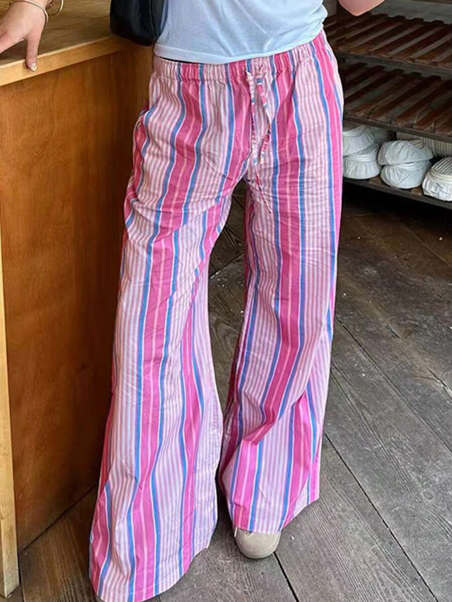 INAWLY Women's Casual Contrast Striped Drawstring Waist Ankle Pants | SHEIN