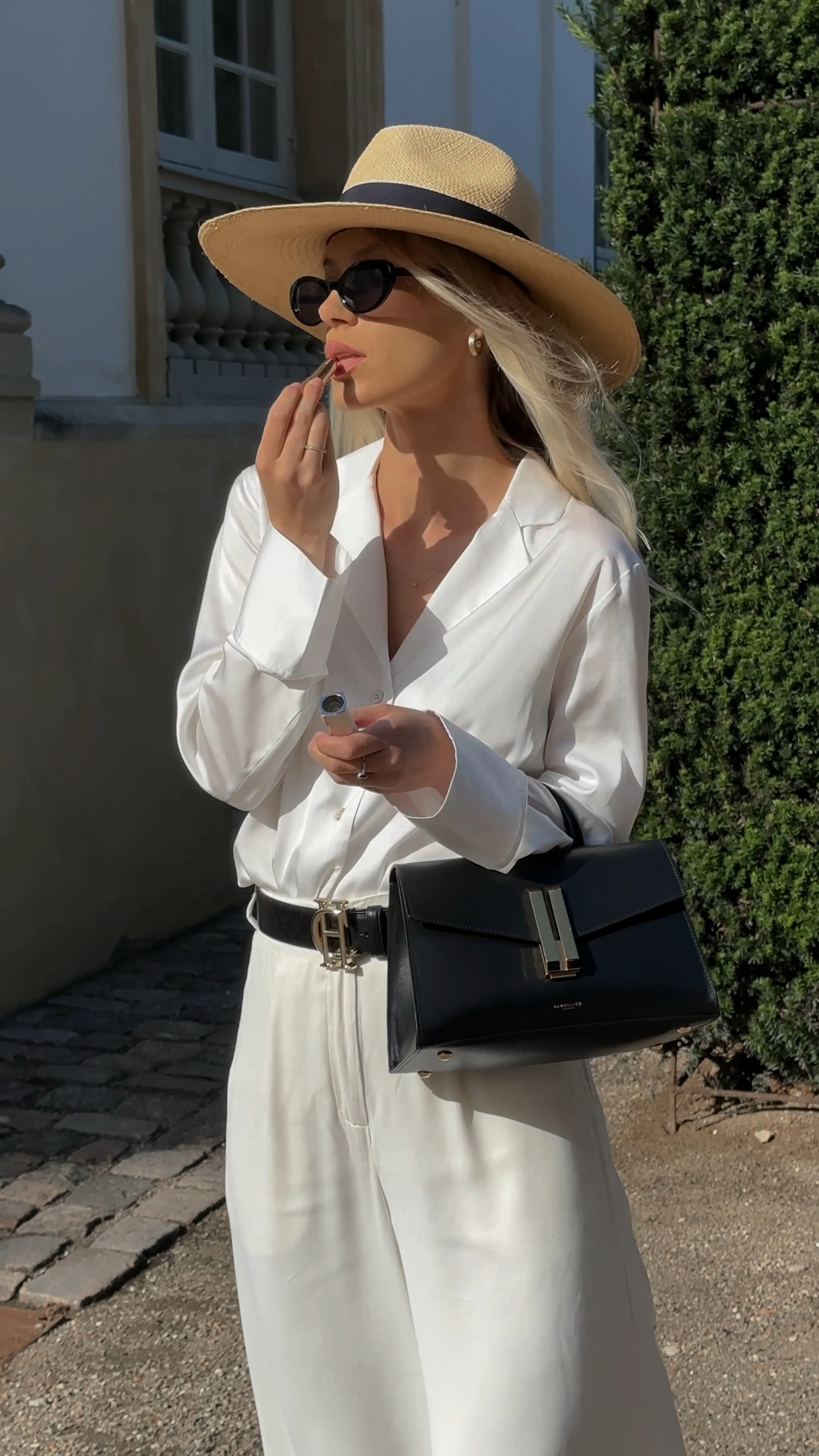 Classy look, elegant style, White outfit, autumn style, demellier bag, leather everyday bag, White silk pants, summer hat, Holland Cooper, dior lipstick, classy Parisian chic, old money style

#LTKbeauty #LTKSeasonal #LTKstyletip