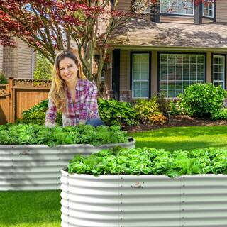 Outdoor 8 ft. x 4 ft. x 2 ft. Oval Metal Raised Garden Bed in White For Vegetables and Flowers | The Home Depot