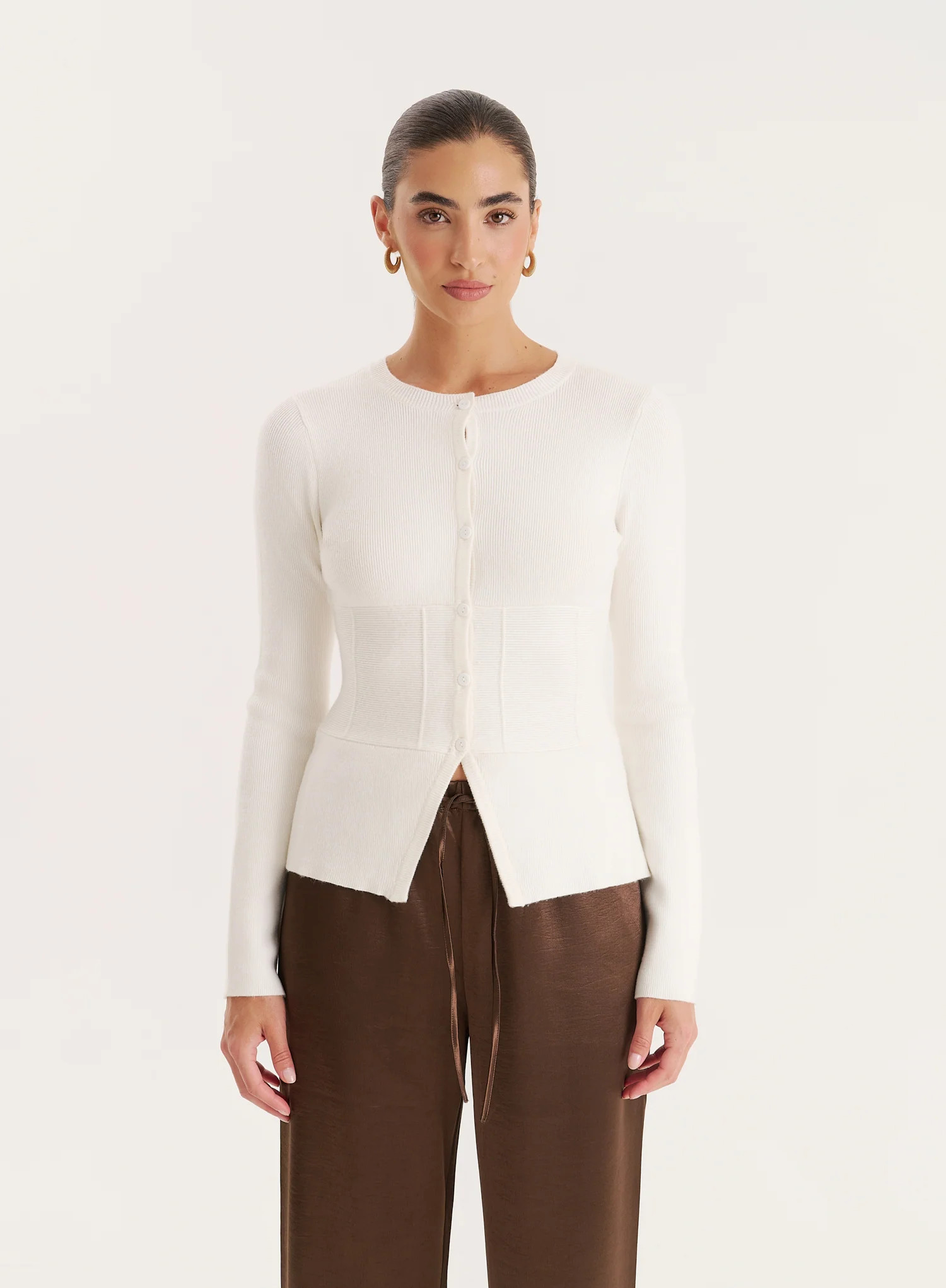 Cream Cinched Waist Knitted Cardigan- Valene | 4th & Reckless