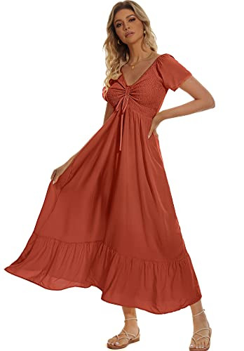Summer Short Sleeve Floral Maxi Dress for Women 2026 Spring Casual Flowy Swing Smocked Beach Bohe... | Amazon (US)