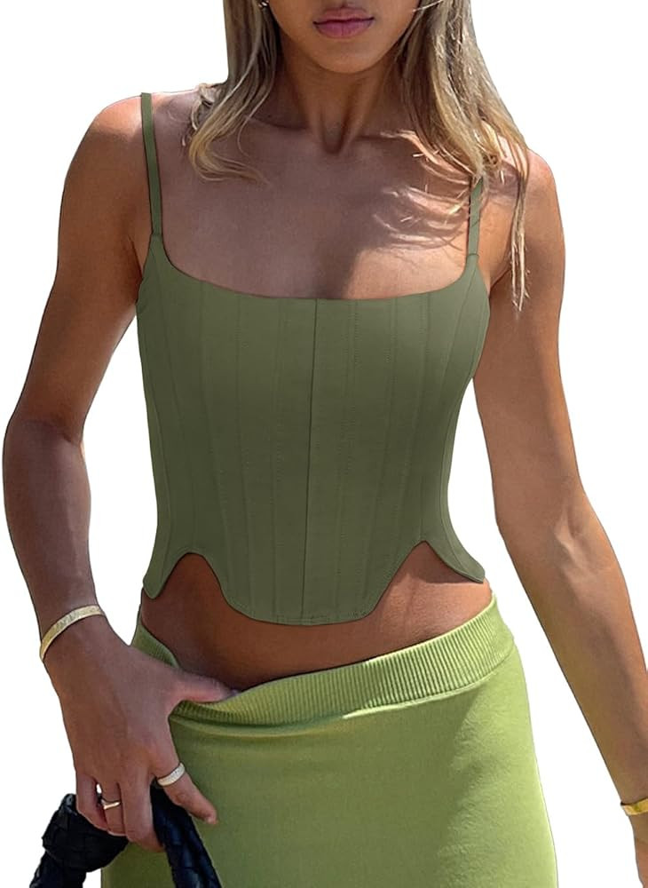 REORIA Women's Sexy Square Neck Trendy Sleeveless Adjustable Spaghetti Strap Corset Tank Crop Top... | Amazon (US)