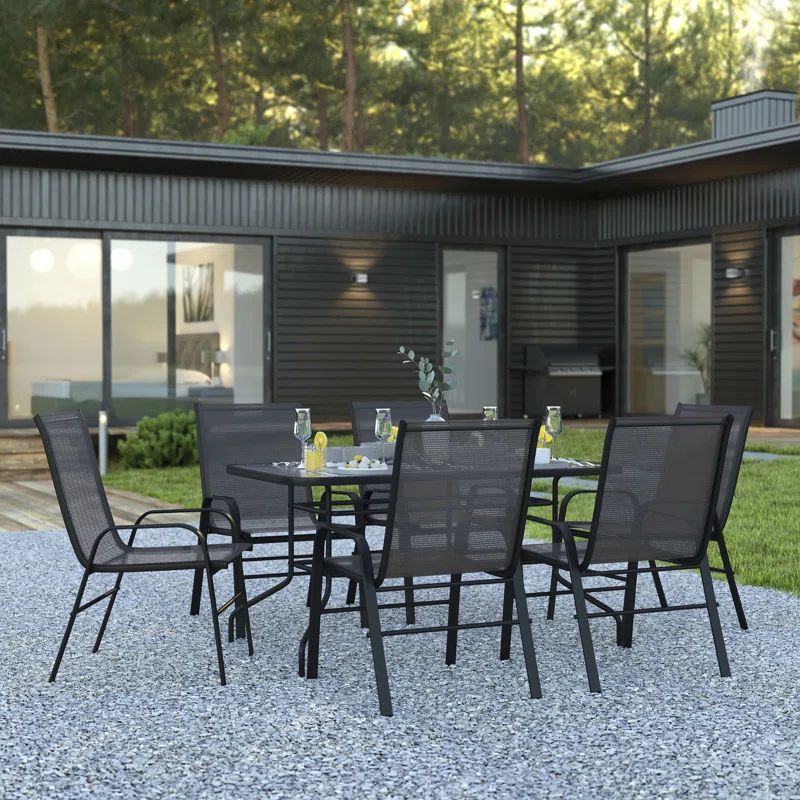 Thatcham 7 Piece Patio Dining Set - Glass Table, 6 Flex Stack Chairs | Wayfair North America