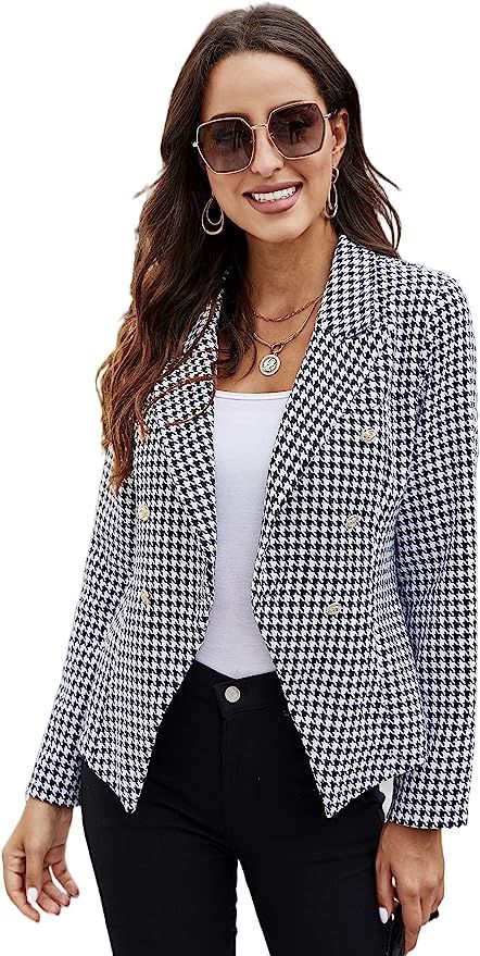 SheIn Women's Houndstooth Long Sleeve Lapel Collar Double Breasted Blazer Jacket | Amazon (US)