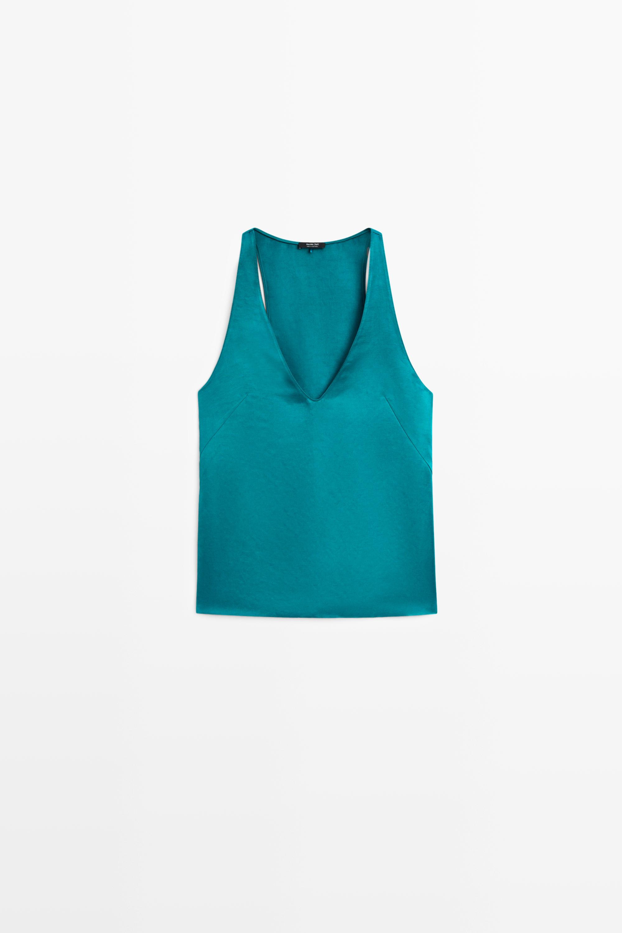 Satin linen blend V-neck top | Massimo Dutti US
