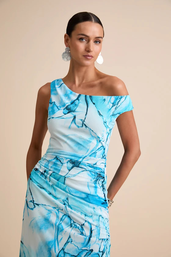 Jojo Light Blue Marbled Ruched One-Shoulder Maxi Dress | Lulus