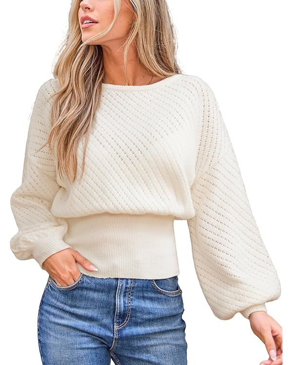 CUPSHE Women's Trendy Knit Sweater 2025 Puffy Sleeves Cinched Waist Boatneck Pullover Tops Fall W... | Amazon (US)