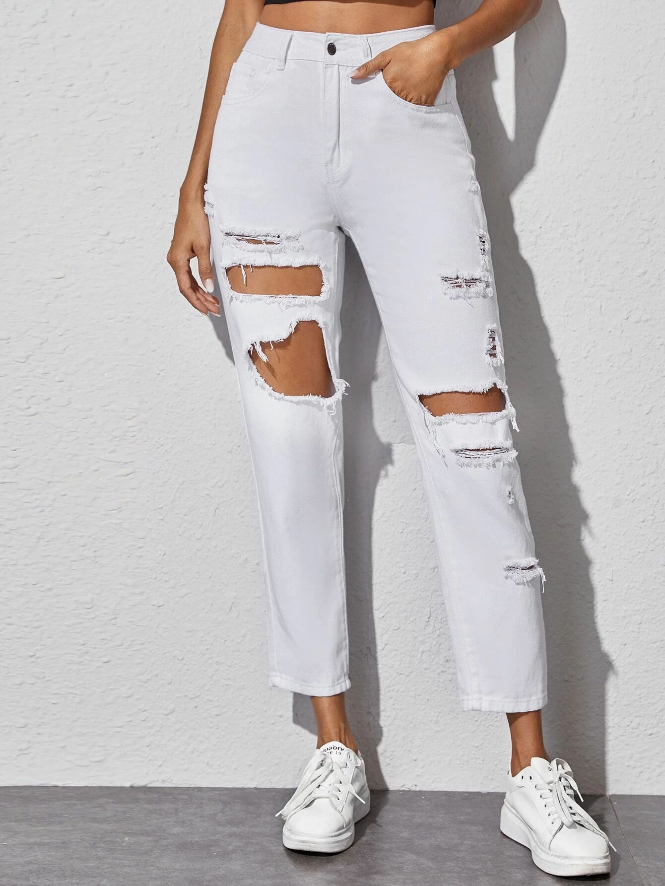 Distressed Cut Out Mom Jeans | SHEIN