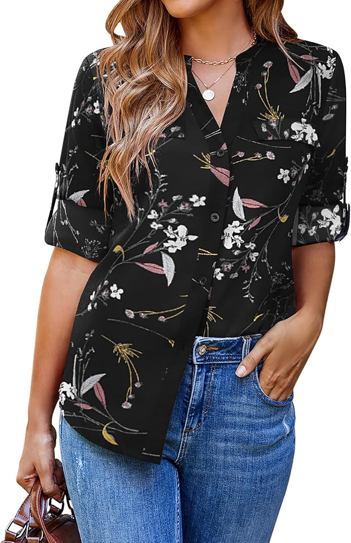 SoTeer Women Button Down Business Work Blouses Tops Dressy Casual Chiffon Long Cuffed Sleeve Floral  | Amazon (US)