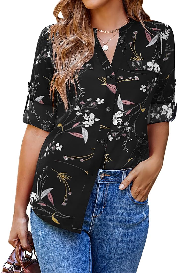 SoTeer Women Button Down Business Work Blouses Tops Dressy Casual Chiffon Long Cuffed Sleeve Floral  | Amazon (US)
