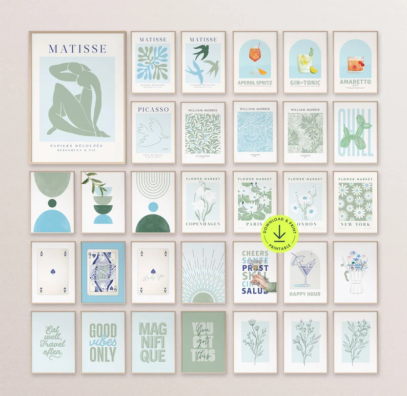 Blue Green Print Set Trendy Dorm Room Decor Preppy Aesthetic Gallery Wall Art Bundle Printable Te... | Etsy (US)